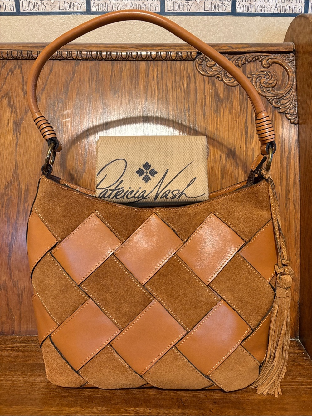 NWT-Patricia Nash-Suede & Leather Weave-Callie Satchel-Light Tan-Tassels-$269